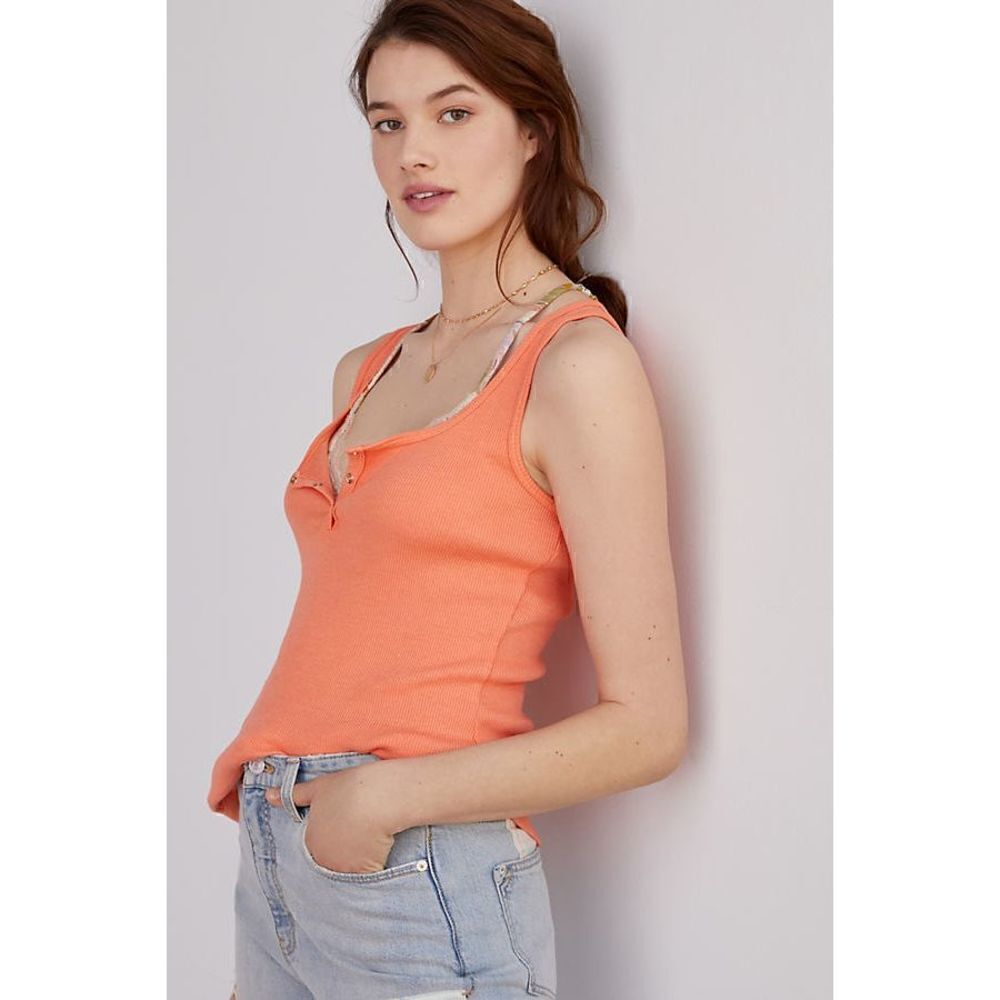 Brand New Anthropologie T.La Ribbed Henley Tank in Coral Large